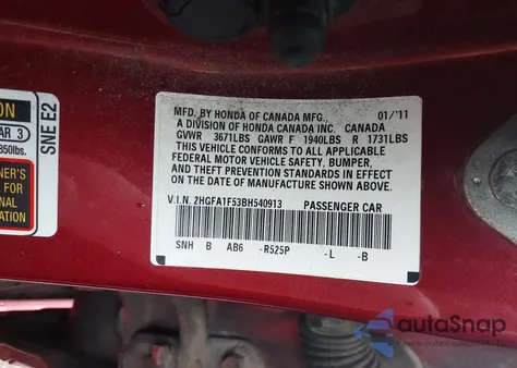 2011 Honda Civic Lx из США, поврежденный, VIN 2HGFA1F53BH540913